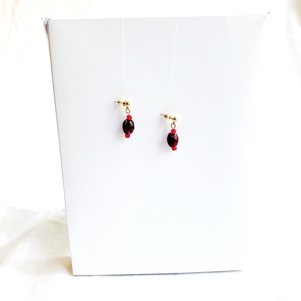 Deep red lampwork bead faint white Swirl Earrings - Picture 4 of 4